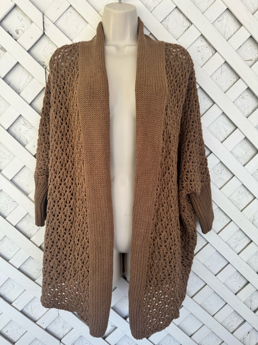Lucky Brand Cocoon Crochet Open Knit Cardigan Sweater XS/S Brown Boho Chunky